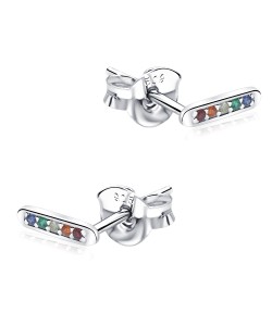 Round Rectangle With Colorful Stone Silver Ear Stud STS-5323